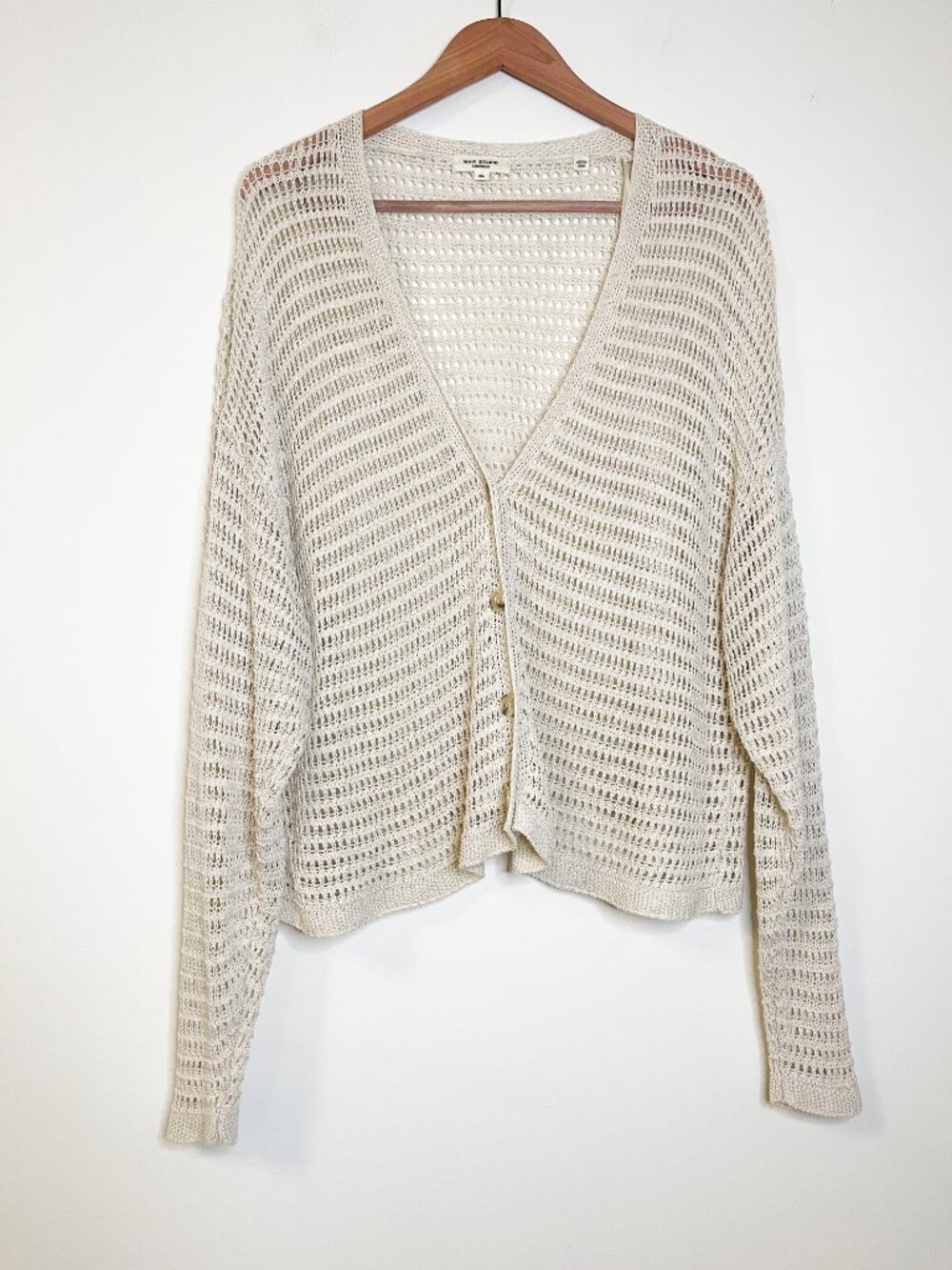 Max Studio London XL Cream Crochet Open Knit Button Cardigan Linen Blend